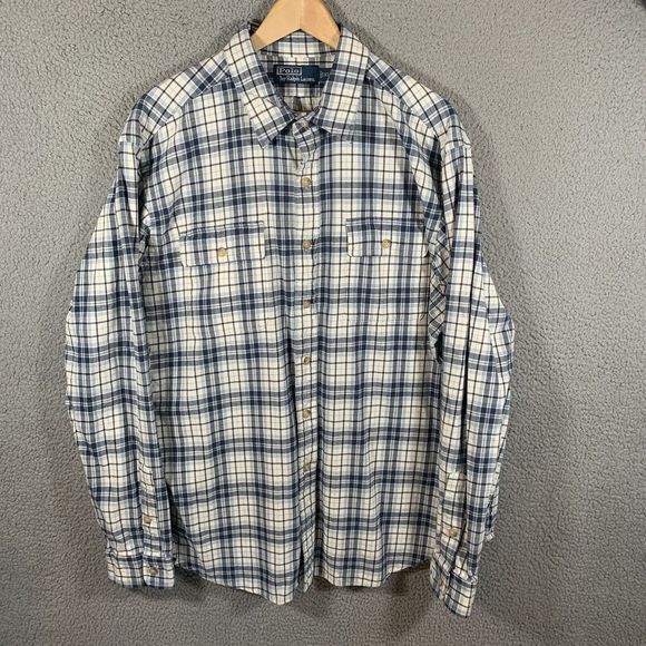 Polo Ralph Lauren Shirt Mens Large L Blue Plaid Flannel Button Up Long Sleeve - Picture 1 of 7